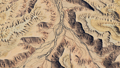 Aerial view of a dried-up riverbed in the desert of Saudi Arabia August 2025