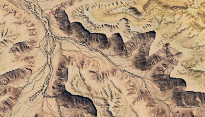 Aerial view of a dried-up riverbed in the desert of Saudi Arabia August 2025