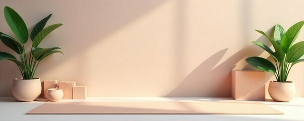 A serene yoga mockup with a calming setting of a mat, blocks, and plants, perfect for promoting mindfulness, relaxation, and wellness , wellness, health