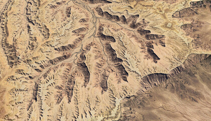 Aerial view of a dried-up riverbed in the desert of Saudi Arabia August 2025