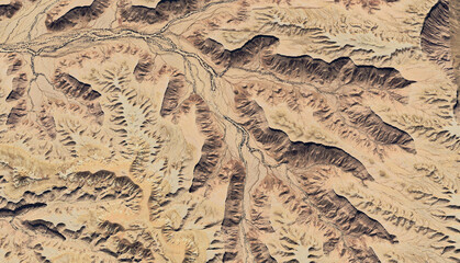 Aerial view of a dried-up riverbed in the desert of Saudi Arabia August 2025