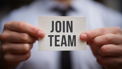 Vintage Instagram Photo Of Businessman Holding White Card With Join Our Team Sign. Retro Image Capturing Businessman Promoting Team.