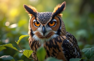 Fototapeta premium Great horned owl portrait in natural setting. Intense gaze reveals wisdom, power. Detailed feathers showcase brown markings against blurred green background. Wildlife illustration for nature themes.