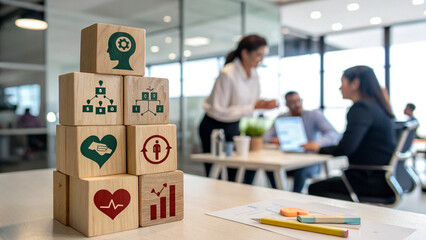 Employee wellbeing concept, wooden blocks with physical, mental, emotional health icons, satisfaction programs
