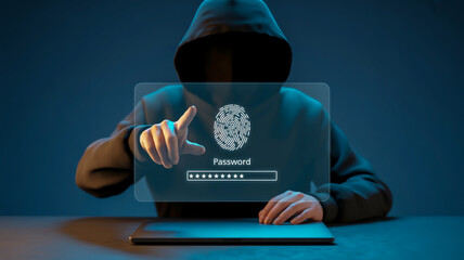 Anonymous hacker in a hoodie touches a fingerprint scanner on a transparent screen
