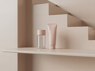 Cosmetic product mockup featuring a bottle and tube on a shelf ideal for showcasing skincare or beauty products