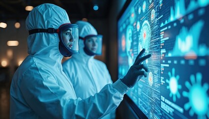 Scientists in protective suits analyze data on a large screen. They study a virus spread with advanced tech. Medical research team works in a lab. Healthcare experts investigate new disease.