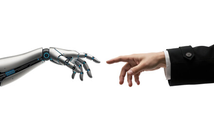 Robot and human hands about to touch, modern Creation of Adam concept symbolizing connection between technology and humanity, isolated on transparent background, png