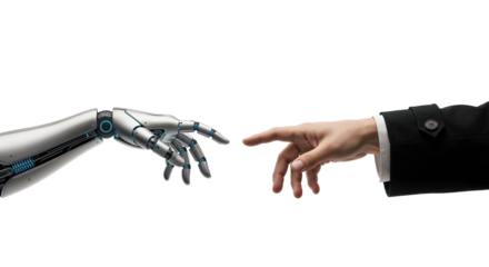 Robot and human hands about to touch, modern Creation of Adam concept symbolizing connection between technology and humanity, isolated on transparent background, png