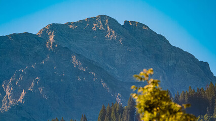 Alpine summer view with mountain peak details seen from Schoppernau, Bregenz, Vorarlberg, Austria