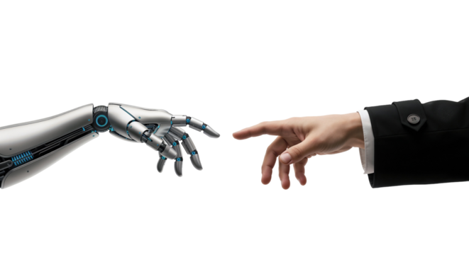 Robot and human hands about to touch, modern Creation of Adam concept symbolizing connection between technology and humanity, isolated on transparent background, png