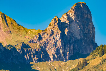 Alpine summer view with mountain peak details seen from Schoppernau, Bregenz, Vorarlberg, Austria