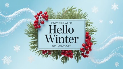 Festive hello winter greeting card with evergreen branches and red berries
