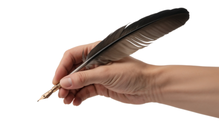 Hand holding feather quill pen isolated on transparent background