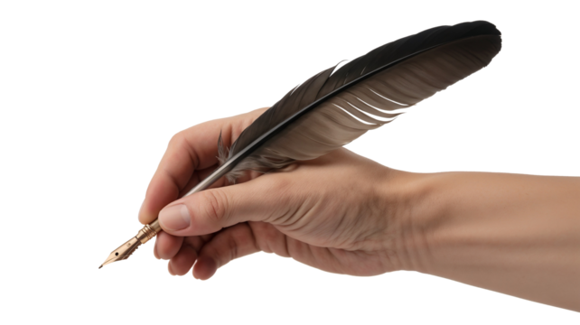 Hand holding feather quill pen isolated on transparent background - Powered by Adobe