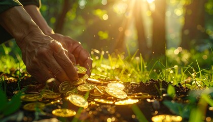 Close-up of hands picking up shiny gold coins scattered on forest ground with warm sunlight, symbolizing discovery, wealth, and treasure in nature.
