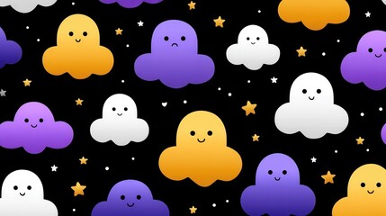 A whimsical pattern featuring smiling and sad cartoon clouds in various colors with stars, perfect for children's designs or playful themes.