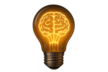 Light bulb with glowing human brain inside, symbolizing bright ideas, creativity, and intelligence, on transparent background