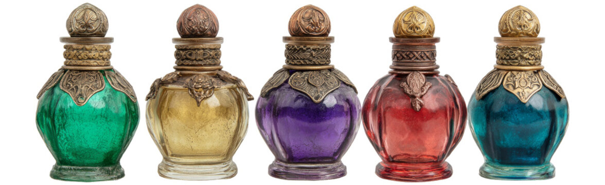 Set of witch's magic potion bottles.