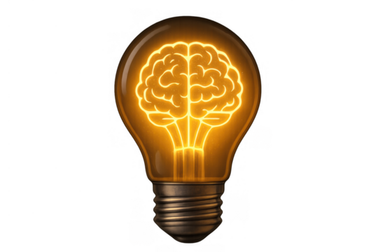 Light bulb with glowing human brain inside, symbolizing bright ideas, creativity, and intelligence, on transparent background
