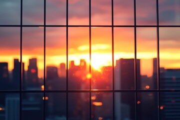 Fototapeta premium Sunset City View Through Modern Window Grid.