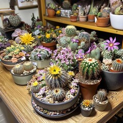 Fototapeta premium Colorful array of miniature cacti arranged on a wooden table with unique pots and blooming flowers
