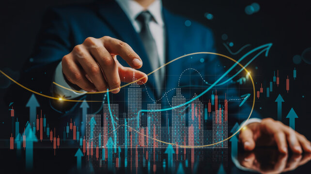 Businessman analyzing financial stock market growth with digital chart overlay