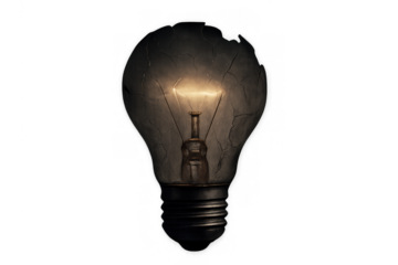 Broken light bulb glowing with an idea, conceptualizing fragility, failure, creativity, and problem solving