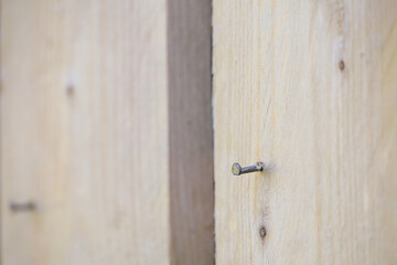 A partially driven nail protrudes from a wooden board. New house construction