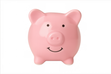 Pink ceramic piggy bank for money savings and financial investment, isolated on transparent background