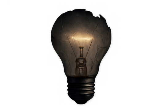 Broken light bulb glowing with an idea, conceptualizing fragility, failure, creativity, and problem solving