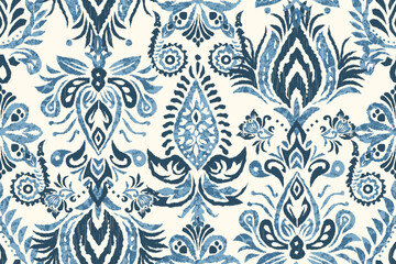 blue Ikat damask floral seamless pattern with ornate ornamental and ethnic-inspired motifs. Stylish textile design traditional craftsmanship with modern sophistication, ideal for fabric printing