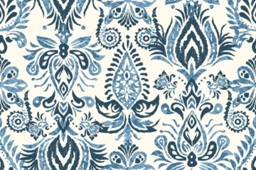 Canvas schilderij Boho stijl blue Ikat damask floral seamless pattern with ornate ornamental and ethnic-inspired motifs. Stylish textile design traditional craftsmanship with modern sophistication, ideal for fabric printing  © supachai