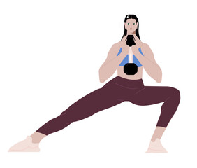 Woman training, doing lunges with dumbbell vector flat illustration. Female practicing warming up or fitness workout with sports equipment isolated on white. Sportswoman enjoying physical activity 