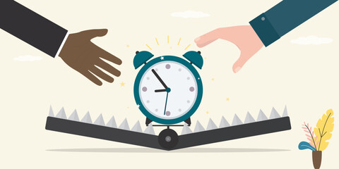 Animal trap with alarm clock. Poor time management, bait. Deception concept. Various multiethnic people want catching watch in trap.