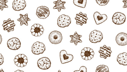 Cookie pattern on white, hand drawn illustration.	
