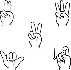 Set of hand gesture vector illustrations showing counting and sign language poses