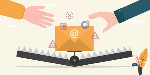 Dangerous infected email in an animal trap, users hands catch spam and viruses on gadgets. Mail and traps, spam, phishing emails, marketing pitches. Digital bait.