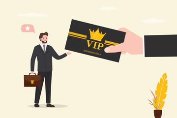 Businessman give vip card for male buyer. Privileges, premium account, members only, customers card. Promotion offer, bonus and loyalty system. Marketing campaign.