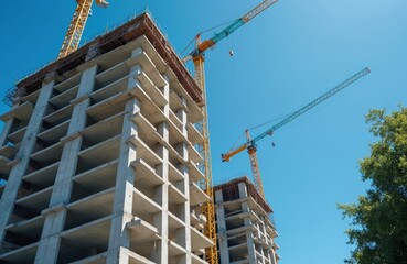 Concrete building skeleton with cranes against blue sky. Construction site progress shows skyscraper growth. Workers build new urban housing development.