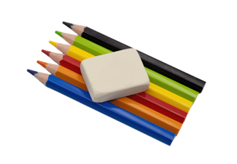 Colored pencils and eraser on transparent background