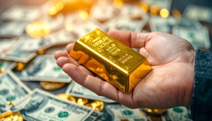 Hand holding gold bar over scattered dollar bills