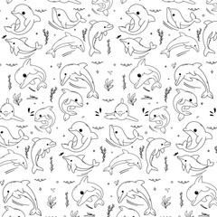 cute hand drawn dolphins doodle animal seamless pattern © Ade