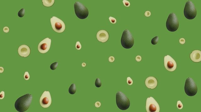 Fresh ripe avocados whole and halved on a vibrant green background, perfect for food blogs, healthy lifestyle content, and recipe websites.
