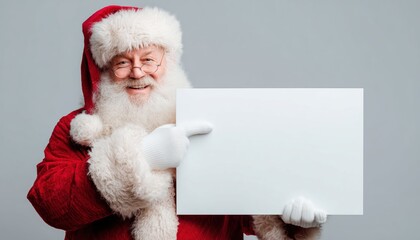 Naklejka premium Cheerful Santa Claus Pointing To Empty Advertisement With Space For Copy. Joyful Santa Claus Pointing Towards White Blank Sign. Bright And Festive Image.