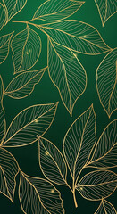 Elegant pattern of golden leaves on a dark green background