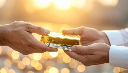Close-up of two people exchanging a gold bar and dollar bills under warm golden light, symbolizing trade, wealth, and financial negotiation.