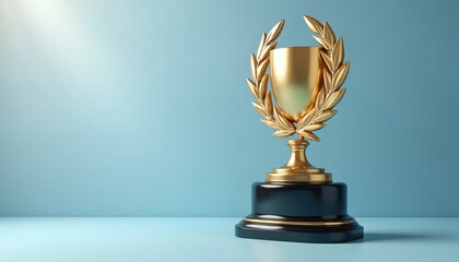 Golden trophy with laurel wreath on black stand on blue background. Shiny metal trophy cup on isolated blue studio. Golden laurel leaves surround winner trophy. Luxury golden award on pedestal.