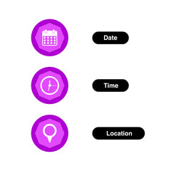 date, time and location icons isolated on transparent background