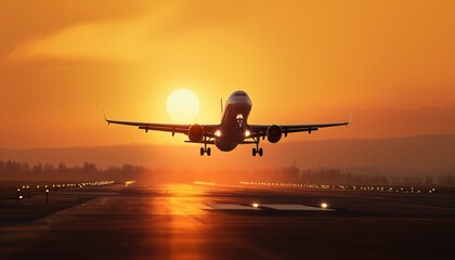 Commercial Airplane Performs Takeoff In The Glowing Light Of The Sun On A Clear Day, Soaring Into The Blue Sky.